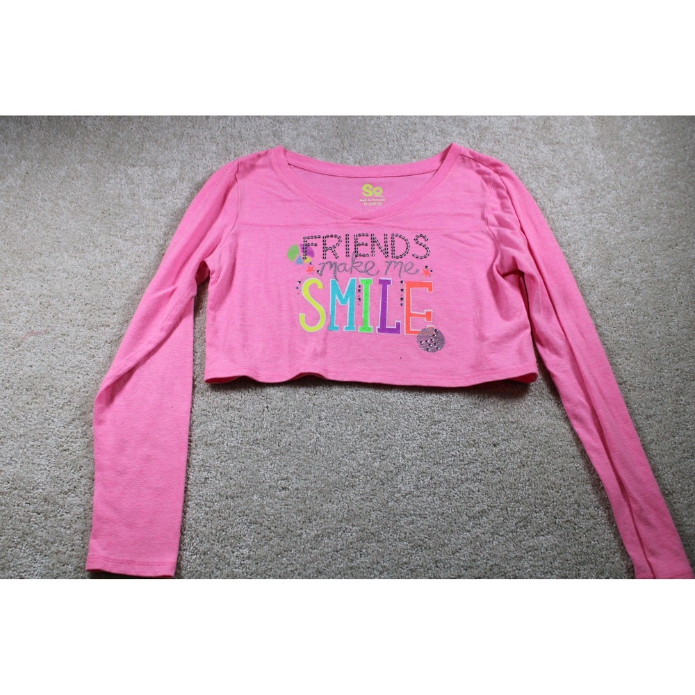 So Shirt Girls Medium Pink Long Sleeve Cropped Friends Make Me Smile Graphic Top